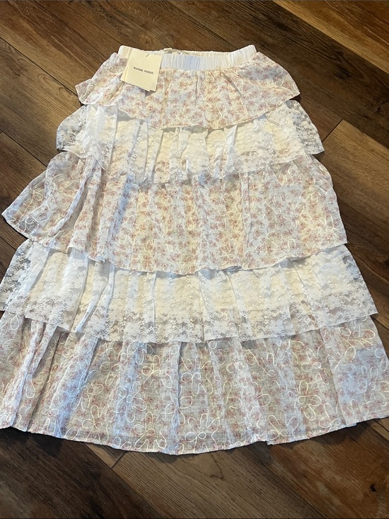 Rosie Posie Dresses & Skirts - NWT M Rosie Posie Tiered Lace Maxi Skirt - White with Light Pink Floral